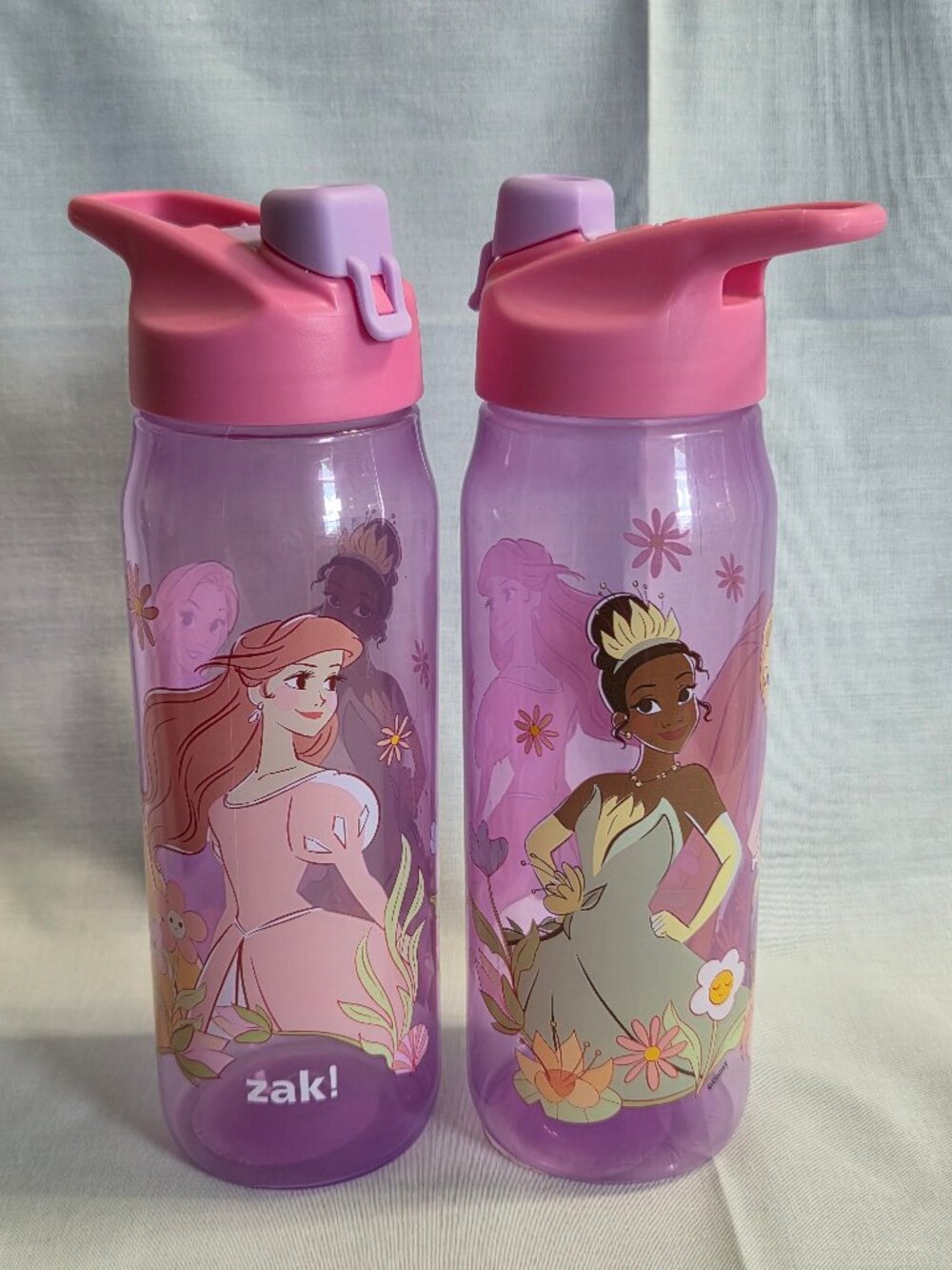 DISNEY Set 2 PRINCESS Kids Travel Water BOTTLES Drink Lid Straws Cups